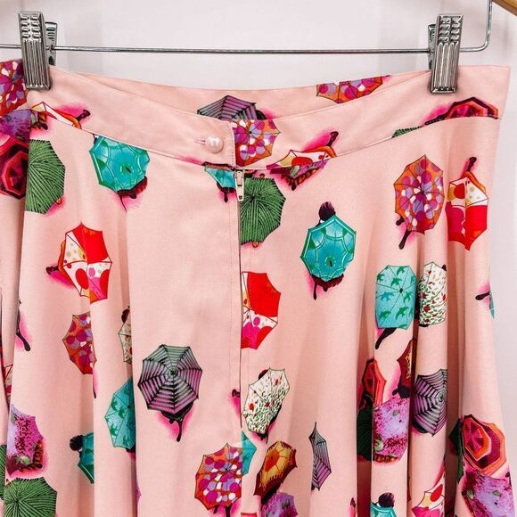Vintage Tatyana Rainy Day Umbrella Print Satin Circle Midi Skirt Pink Medium - Picture 6 of 9
